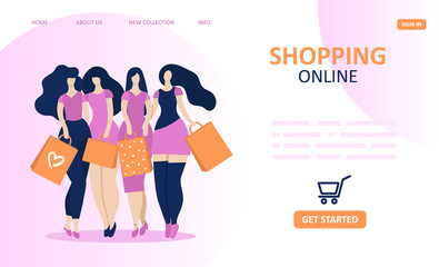 Landing page for an online store of women's goods or clothes. Concept of online purchases, online shopping, delivery. Flat cartoon vector illustration.