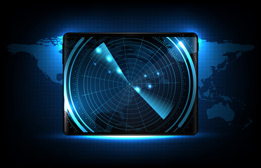abstract background of blue futuristic technology scan interface hud on smart tablet with united state of america(USA) maps