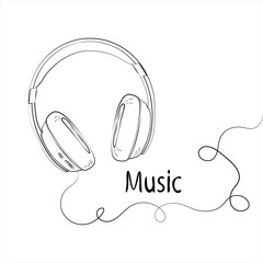 Figure headphones with cord and text music. With a white background . Illustration