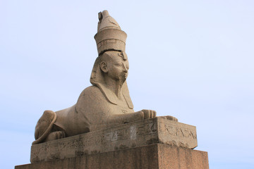 Quay with Egyptian sphinxes in Saint Petersburg, Russia. Historical sculpture of ancient sphinx...