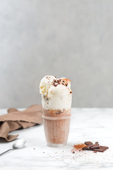 Vanilla and chocolate ice cream. Chocolate chip. Dessert on a light background.