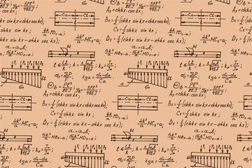 Vector seamless pattern with physics formulas and equations on kraft paper. Old college notation. Educational and scientific vintage background.