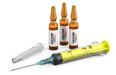 Vaccination against sars virus, coronavirus. Syringe for injecting vaccine and ampoule with the drug. Infection pneumonia prevention.