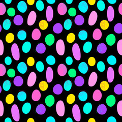Vector abstract seamless pattern with random round shapes. Illustration with scattered hand drawn colorful circles. Modern black background with round spots and stains. EPS 8