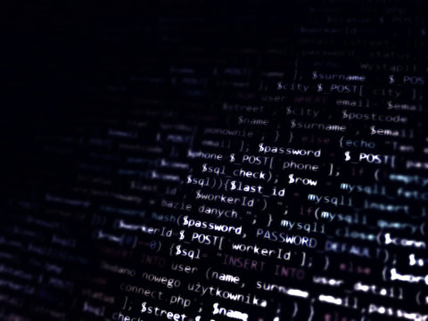 Black white abstract computer code. White programming code on black background. Cyberspace concept.