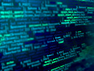 Programming code on monitor screen. Developer work. Abstract background for search job. HTML, php...
