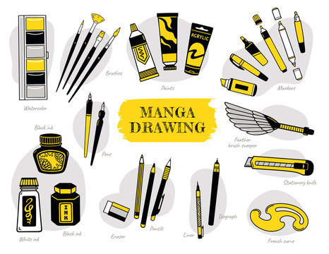 Manga comic drawing tools. Big set of stationery items. Inks, pens, french curve, markers, paints, feather brush sweeper. Vector illustration.
