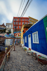 Obraz premium Panoramic View to the Mountain Hills with the Colorful and Bright Buildings with Painting, Valparaiso, Chile 
