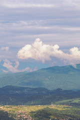 top view of small towns in the Caucasus mountains near the Russian resort city of Sochi, Russia