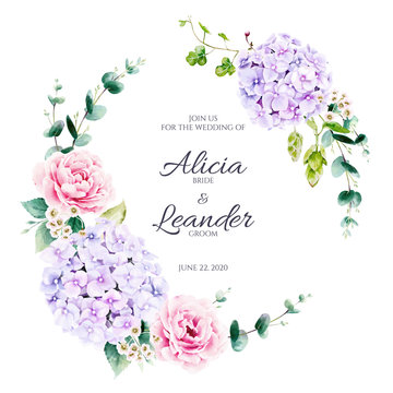 Beautiful Floral and greenery wreath for wedding invitation card on white background. Vector. Pink roses, Hydrangea flower. Watercolour style.