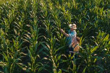 Female agronomist advising corn farmer in crop field © Bits and Splits