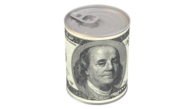 Financial reserve in US dollars. Tin can with a label in the form of a banknote of the USA dollar. Cash reserve funds. Footage video