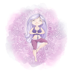 Cute girl with long hair does yoga. Asanas. Character on the background of the mandala and watercolor texture.
