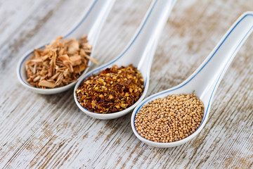 Spices and herbs in porcelain spoons over a wooden background