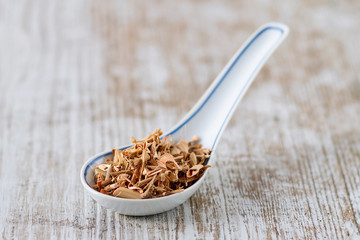 Spices and herbs in porcelain spoons over a wooden background