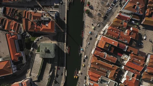 Aerial Top down shot over roundabound water canal, Aveiro