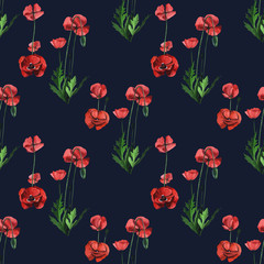 Watercolor seamless floral pattern with wild red poppies. Hand drawing decorative background. Hand drawn watercolor illustration. Print for textile, cloth, wallpaper, scrapbooking