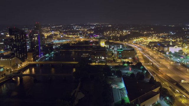Wide time lapse of downtown Grand Rapids, Michigan at night from a high angle.