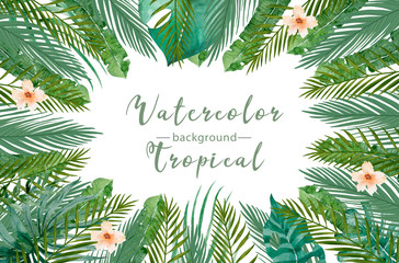 Fototapeta premium Hand drawn watercolor tropical banner with jungle leaves. Exotic leaves illustrations horizontal frame, jungle tree, brazil trendy. Perfect for design.