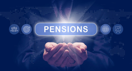 Plakat Businessmans cupped hands holding an Pensions business concept on a computerised display.