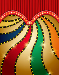 Vintage colorful background with red curtain. Design for presentation, concert, show