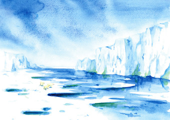 Fototapeta na wymiar North pole painted in watercolor
