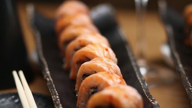 Sushi roll set . Various Sushi japanese food in restaurant.	