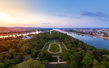 Hungary Budapest. Amazing cityscape about the Margaret island in sunset time. Fantastic green area....
