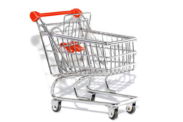 red shopping cart isonated. Internet shopping online concept. white background with copy space.