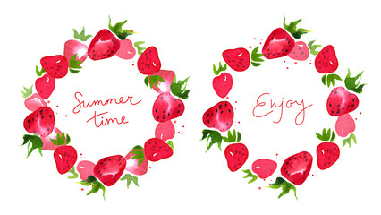 Watercolor strawberry round frame or wreath on white background. Design  illustration of red berries for summer, juice, dessert, poster or card design