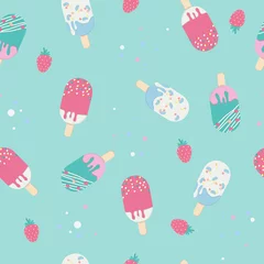 Foto auf Leinwand Summer background of ice cream in pastel color. Seamless patern template of assortment popsicle in green vector backgound. © Studio217