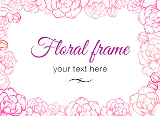 Vector hand drawn floral frame with peonies and place for text in vintage style. Peonies flowers background for invitation, wedding, greeting, birthday card.