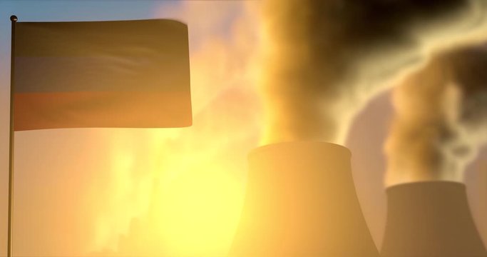 Donetsk Peoples Republic flag wave on smoking factory pipes background on sunset - pollution, global warming concept, UHD 4k 3d animation