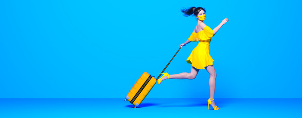 Girl with suitcase on wheels runs away from coronavirus.
