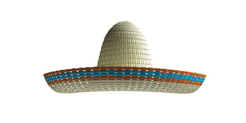 Sombrero straw hat, traditional  mexican headwear, isolated cutout on white background, front view. 3d illustration