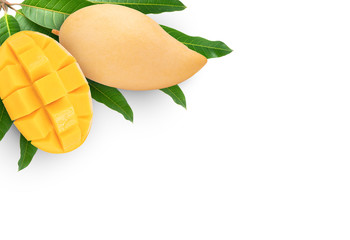 Yellow mango with leaves isolated on white background, Golden mango on the white background with...