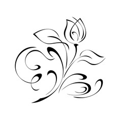 ornament 1124. decorative element with a stylized flower Bud on a stem with leaves and curls in black lines on a white background