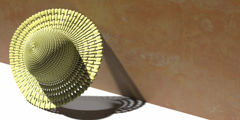 Summer straw hat on brown wall background. 3d illustration
