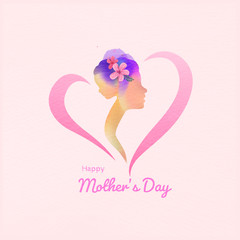 Happy mother's day. Happy mom with daughter in heart shaped silhouette plus abstract watercolor painted.Happy  mother's day. Double exposure illustration. Digital art painting. Vector illustration