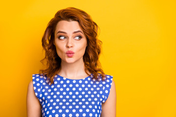 Close-up portrait of her she nice attractive lovely winsome girlish feminine curious cheerful wavy-haired girl sending air kiss isolated over bright vivid shine vibrant yellow color background
