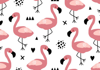 Tropical baby seamless pattern with flamingo.