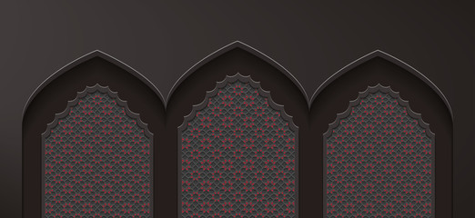 Stylized dark door in Arabic architectural style arch with ornamental patterned stone relief of Islamic mosque,greeting card for Muslim holidays