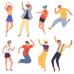 Obraz premium Young creative people, dancers, students in headphones dancing, jumping, rythmical moving. Girls, boys, guys, women, men having fun in night club, event, youth party. Vector flat set on white.