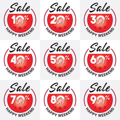Happy Weekend Sale label set. Sale tags set vector badges template, 10 off, 20 %, 30, 40, 50, 60, 70, 80, 90 percent sale label symbols.