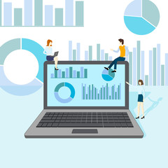 Vector illustration.Office workers on the background of a large laptop.The concept of tracking the company's work using infographics.