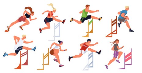 Hurdle race, female, male sportive jumping competition. Athletes, men, women taking part in steeplechase, obstacle running. Vector set flat illustration isolated on white background. Young champions.