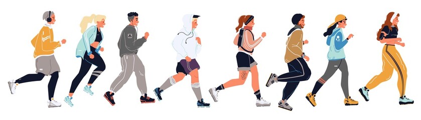 Young men, women, girls, boys, students, teens in sportswear running after each other. Sportsmen, athletes, runners moving in row. Marathon, competition, cross-country vector illustration on white.