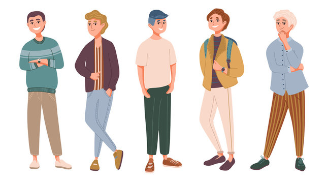 Collection of stylish young men dressed in trendy clothes. Set of fashionable casual and formal outfits. Bundle of boys standing in different poses. Flat cartoon colorful vector illustration.