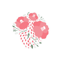 Bouquet of Japanese Camellia flowers. Asian flowers and branches are drawn on an isolated pink background in a doodle style. Decorative element of vector design. Cute cartoon illustration.