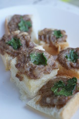 Close-up of Home-made food Airfryer bread with minced pork spread. 